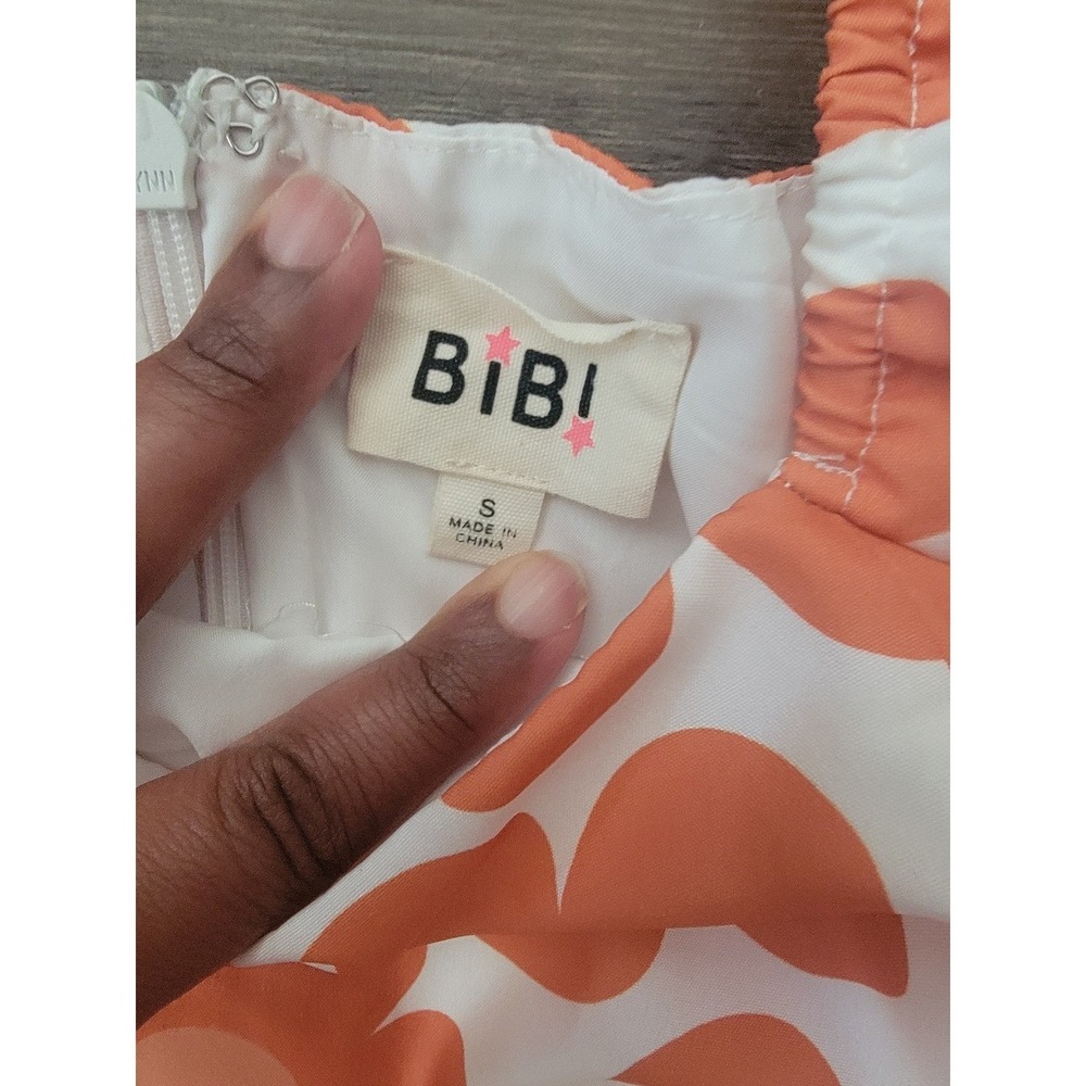 BIBI Orange White Floral Puff Sleeve Mini Dress Square Neck Babydoll S - Picture 3 of 4